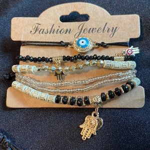 Hamsa Hand Evil Eye Protection Charm Beads Stackable Women Bracelet 6pc Set